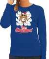 Foute sweater outfit hamsterende kat merry christmas blauw dames