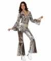 Zilveren disco jumpsuit verkleedkleding carnavalsoutfit dames